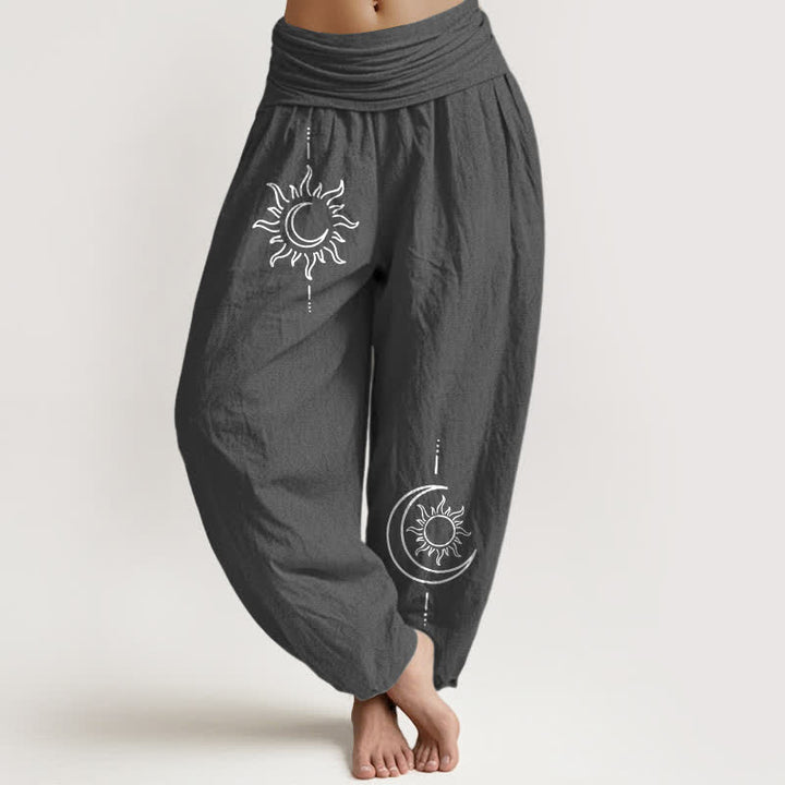 Buddha Stones Harembroek voor dames met elastische Taille en maan- en zonpatroon van 100% Cotton - Donkergrijs - US16, UK/AU20, EU48 (3XL) - image 0