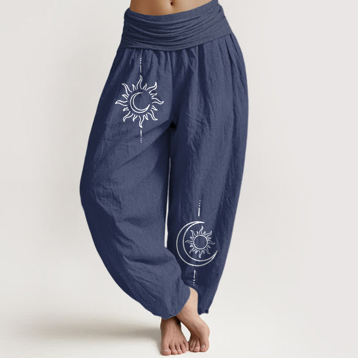 Buddha Stones Harembroek voor dames met elastische Taille en maan- en zonpatroon van 100% Cotton - Donker leisteenblauw - US16, UK/AU20, EU48 (3XL) - image 8