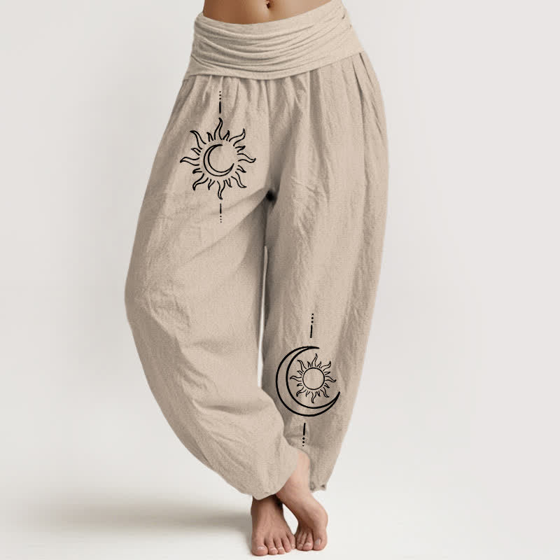 Buddha Stones Harembroek voor dames met elastische Taille en maan- en zonpatroon van 100% Cotton - Bruinen - US16, UK/AU20, EU48 (3XL) - image 11