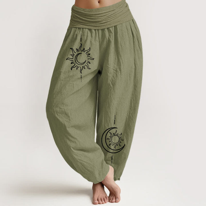 Buddha Stones Harembroek voor dames met elastische Taille en maan- en zonpatroon van 100% Cotton - Olijfgroen - US16, UK/AU20, EU48 (3XL) - image 14