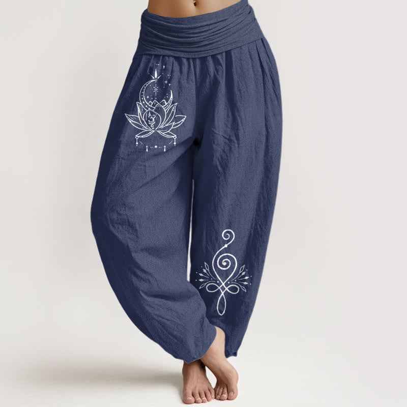 Buddha Stones Harembroek voor dames met elastische Taille en lotus- en maanmotief van 100% Cotton - Donker leisteenblauw - US16, UK/AU20, EU48 (3XL) - image 0