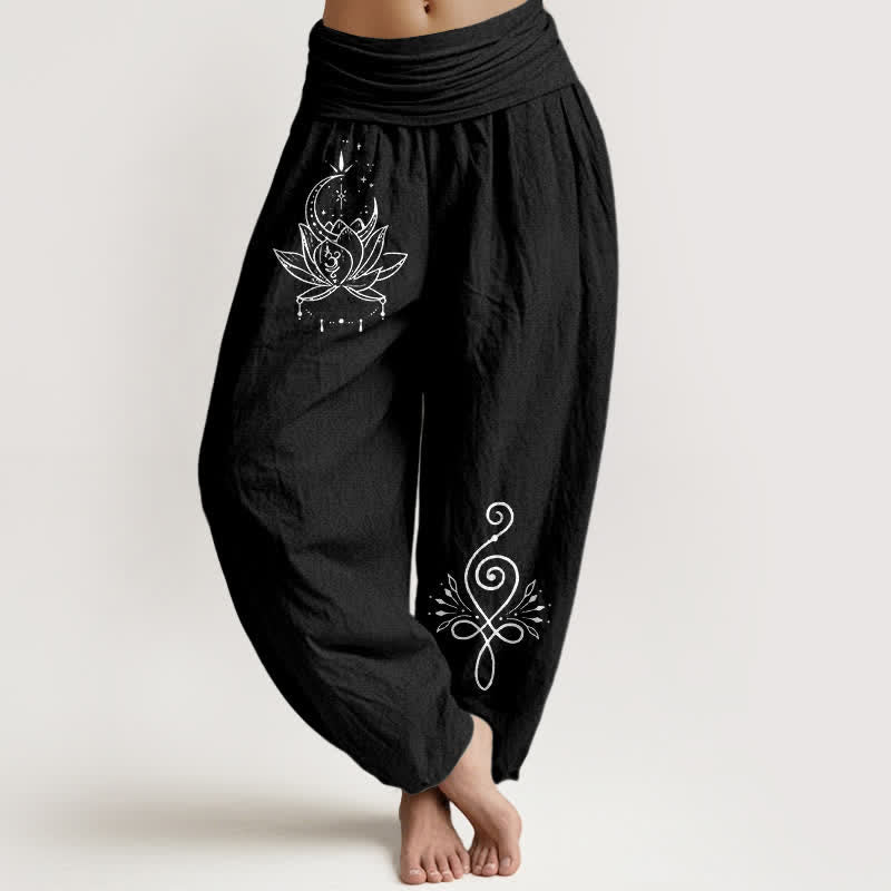 Buddha Stones Harembroek voor dames met elastische Taille en lotus- en maanmotief van 100% Cotton - Zwart - US16, UK/AU20, EU48 (3XL) - image 5
