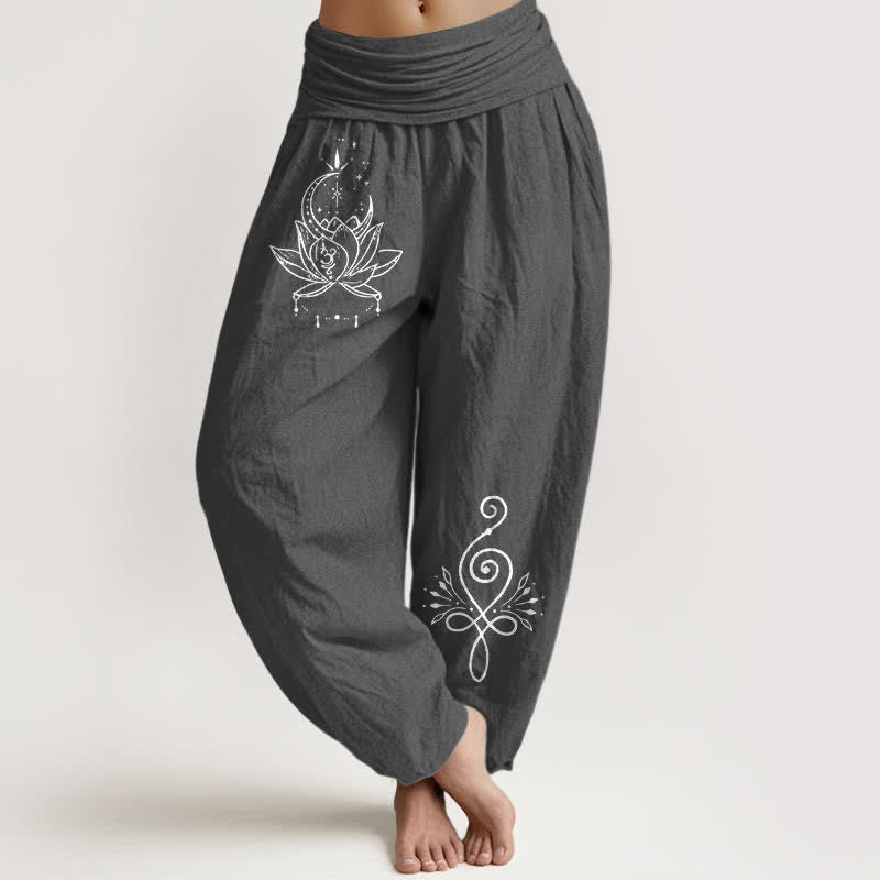 Buddha Stones Harembroek voor dames met elastische Taille en lotus- en maanmotief van 100% Cotton - Donkergrijs - US16, UK/AU20, EU48 (3XL) - image 8