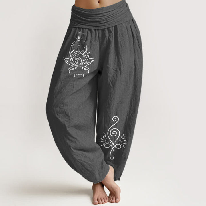 Buddha Stones Harembroek voor dames met elastische Taille en lotus- en maanmotief van 100% Cotton - Donkergrijs - US16, UK/AU20, EU48 (3XL) - image 8