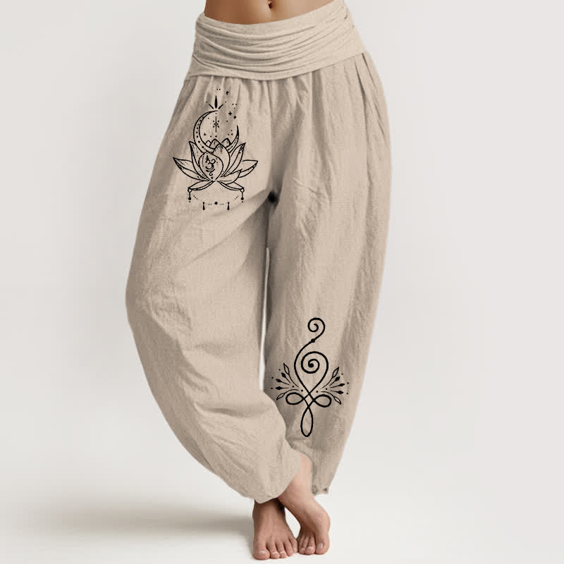 Buddha Stones Harembroek voor dames met elastische Taille en lotus- en maanmotief van 100% Cotton - Bruinen - US16, UK/AU20, EU48 (3XL) - image 11