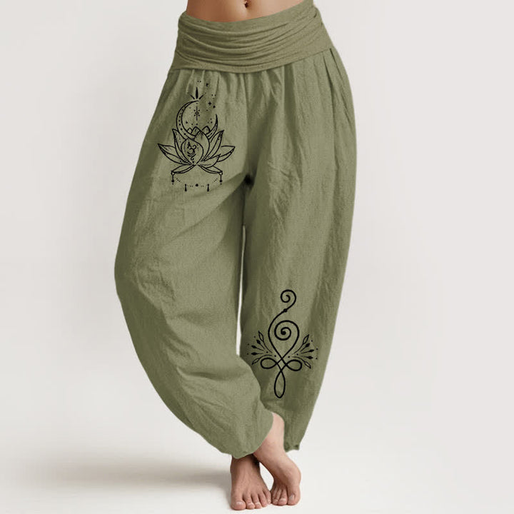 Buddha Stones Harembroek voor dames met elastische Taille en lotus- en maanmotief van 100% Cotton - Olijfgroen - US16, UK/AU20, EU48 (3XL) - image 14