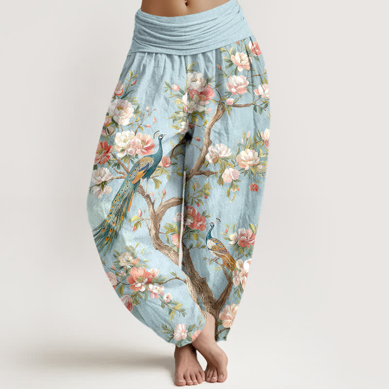 Buddha Stones Dames harembroek met elastische Taille en katoenen pauwenbloesemprint - Poederblauw - US16, UK/AU20, EU48 (3XL) - image 0