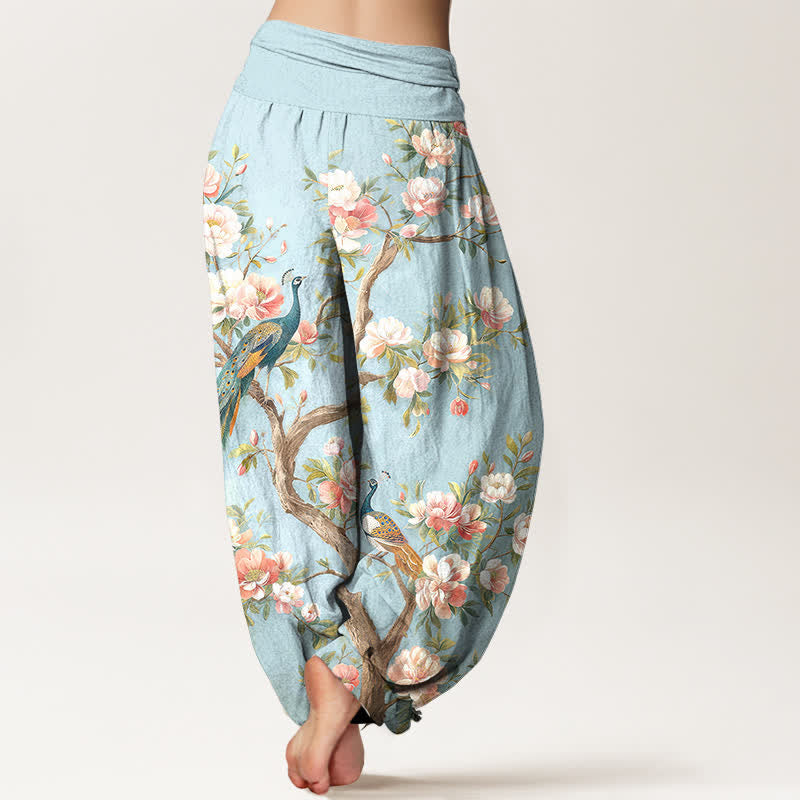 Buddha Stones Dames harembroek met elastische Taille en katoenen pauwenbloesemprint - image 2