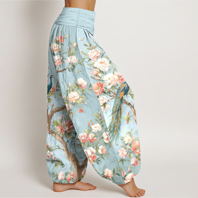 Buddha Stones Dames harembroek met elastische Taille en katoenen pauwenbloesemprint - image 1