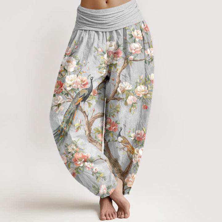 Buddha Stones Dames harembroek met elastische Taille en katoenen pauwenbloesemprint - Zilver - US16, UK/AU20, EU48 (3XL) - image 5