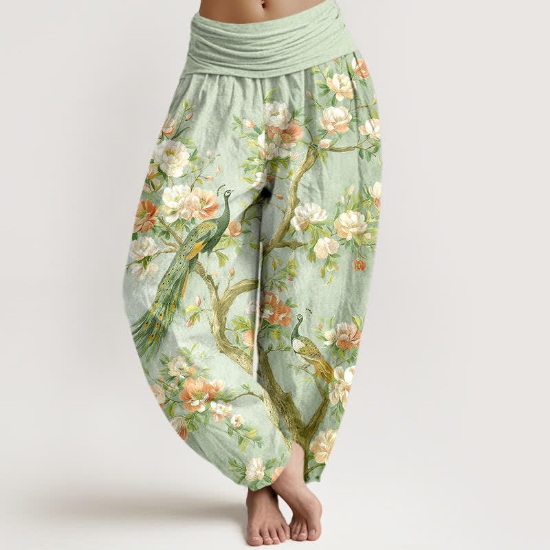 Buddha Stones Dames harembroek met elastische Taille en katoenen pauwenbloesemprint - Lichtgroen - US16, UK/AU20, EU48 (3XL) - image 8