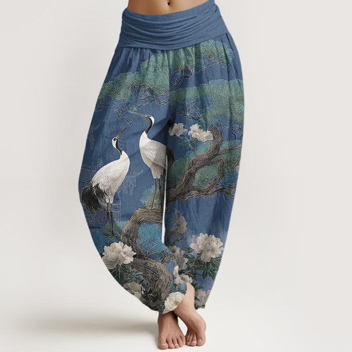 Buddha Stones Dames harembroek met elastische Taille en kraanvogelbloesempatroon - Staalblauw - US16, UK/AU20, EU48 (3XL) - image 0