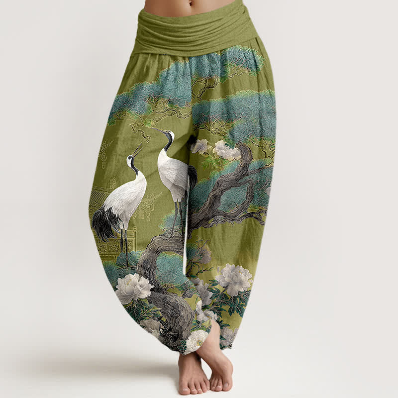 Buddha Stones Dames harembroek met elastische Taille en kraanvogelbloesempatroon - Olijfgroen - US16, UK/AU20, EU48 (3XL) - image 5