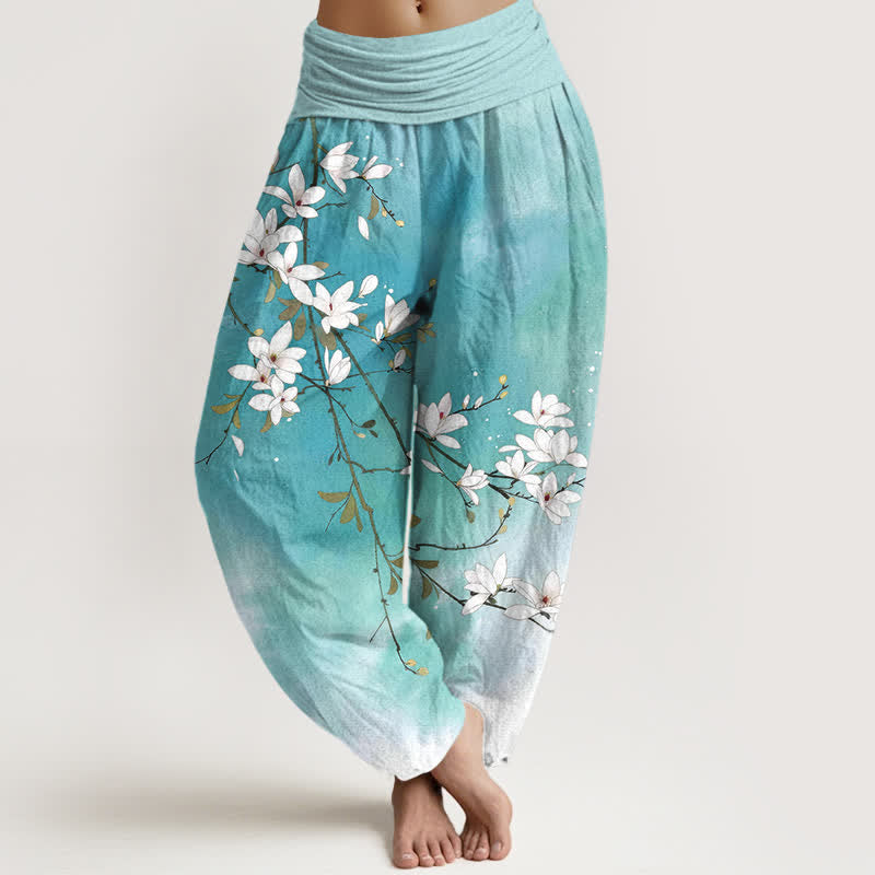 Buddha Stones Witte damesharembroek van 100% Cotton met magnolia-takkenpatroon en elastische Taille . - Turkoois - US16, UK/AU20, EU48 (3XL) - image 0