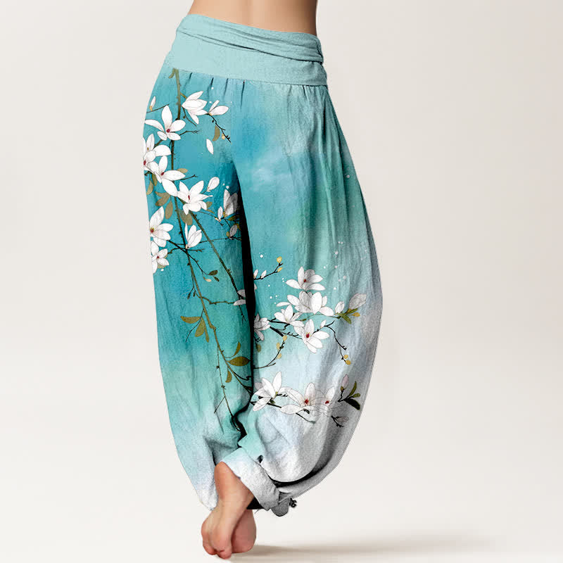 Buddha Stones Witte damesharembroek van 100% Cotton met magnolia-takkenpatroon en elastische Taille . - image 2