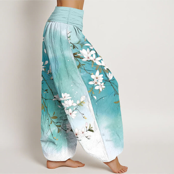 Buddha Stones Witte damesharembroek van 100% Cotton met magnolia-takkenpatroon en elastische Taille . - image 1