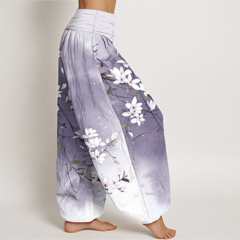 Buddha Stones Witte damesharembroek van 100% Cotton met magnolia-takkenpatroon en elastische Taille . - image 6