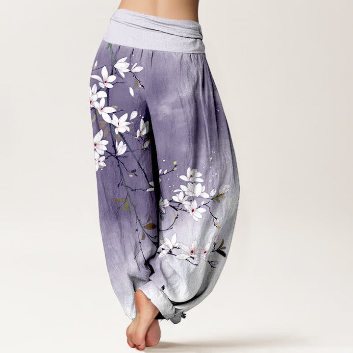 Buddha Stones Witte damesharembroek van 100% Cotton met magnolia-takkenpatroon en elastische Taille . - image 7