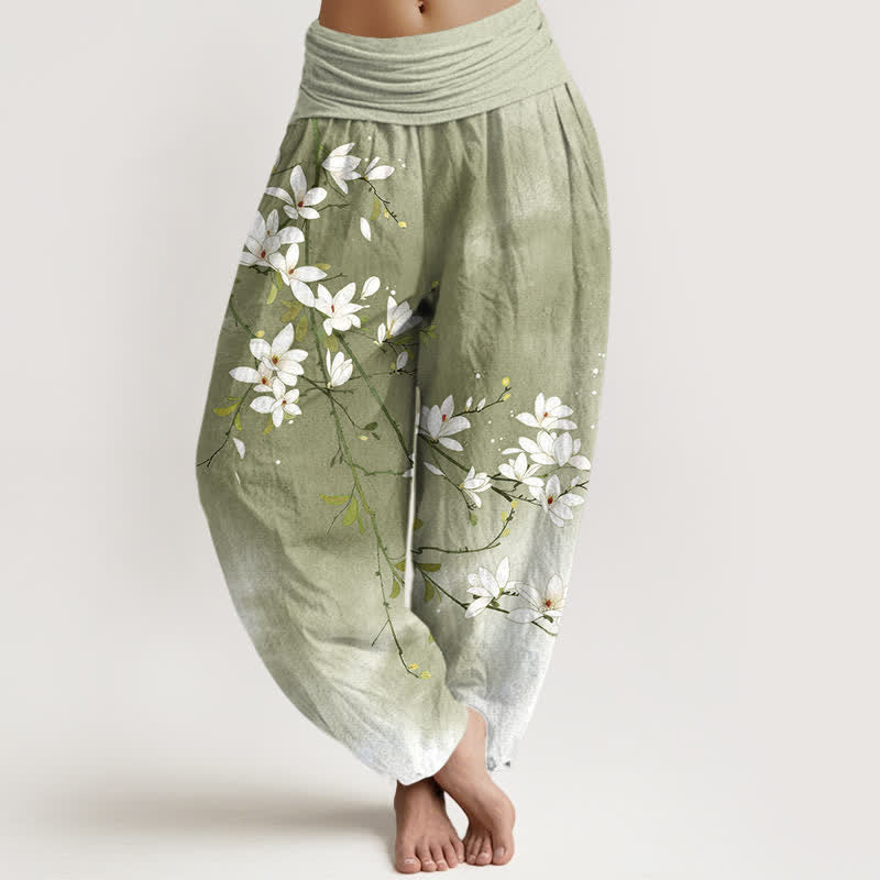 Buddha Stones Witte damesharembroek van 100% Cotton met magnolia-takkenpatroon en elastische Taille . - Olijf - US16, UK/AU20, EU48 (3XL) - image 8