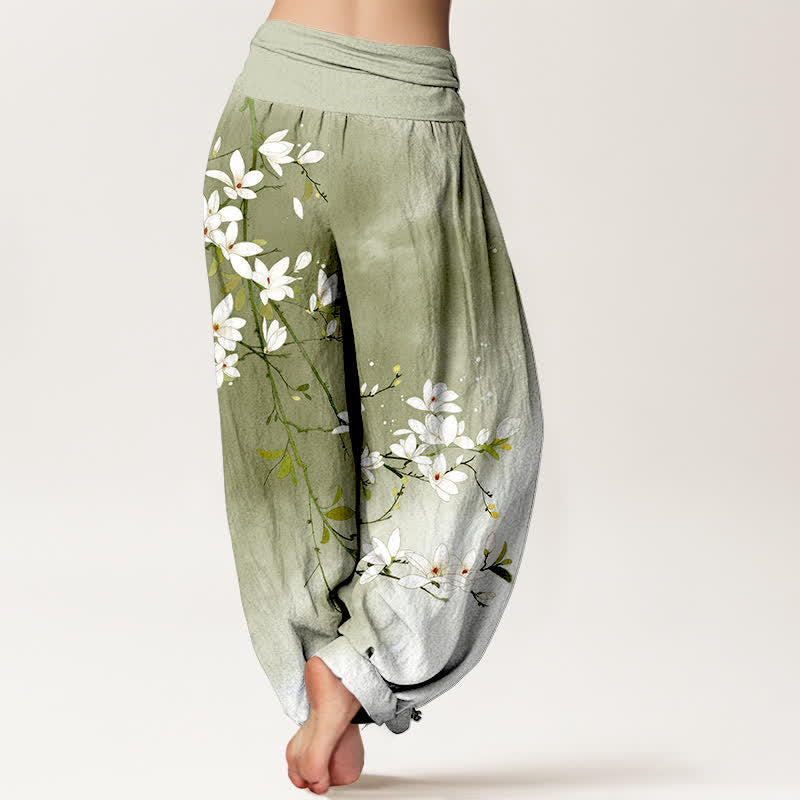 Buddha Stones Witte damesharembroek van 100% Cotton met magnolia-takkenpatroon en elastische Taille . - image 10
