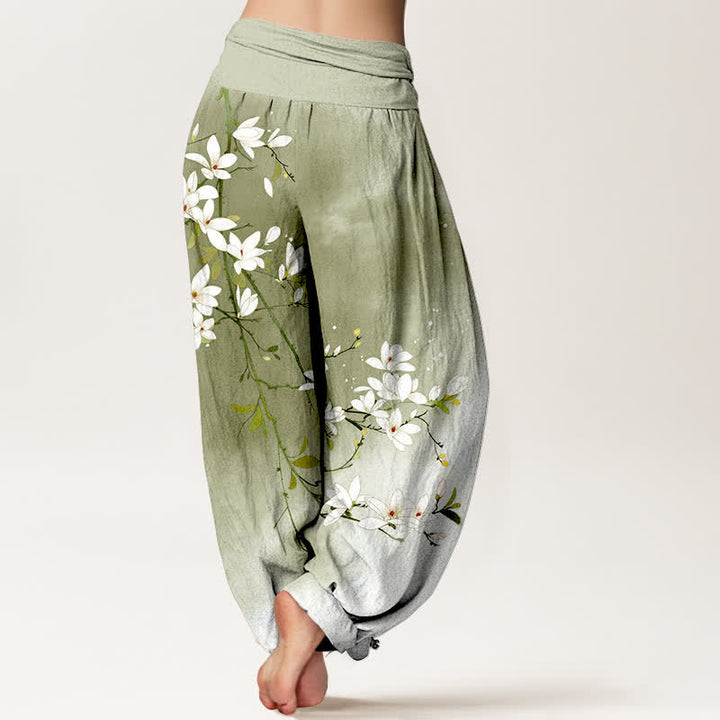 Buddha Stones Witte damesharembroek van 100% Cotton met magnolia-takkenpatroon en elastische Taille . - image 10