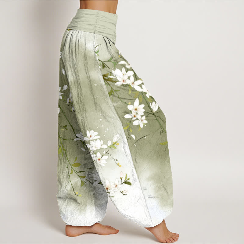 Buddha Stones Witte damesharembroek van 100% Cotton met magnolia-takkenpatroon en elastische Taille . - image 9