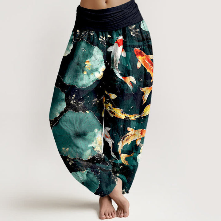 Buddha Stones Dames harembroek met elastische Taille en patroon van katoenen koivissen en lotusbladeren - Teal - US16, UK/AU20, EU48 (3XL) - image 0