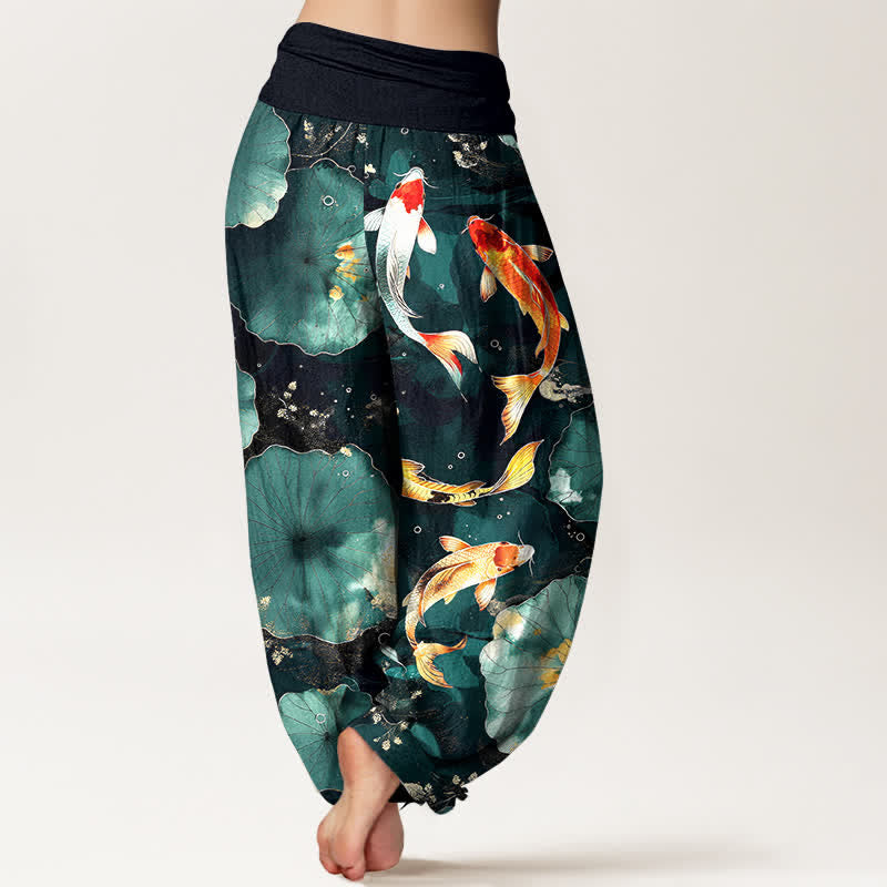 Buddha Stones Dames harembroek met elastische Taille en patroon van katoenen koivissen en lotusbladeren - image 2