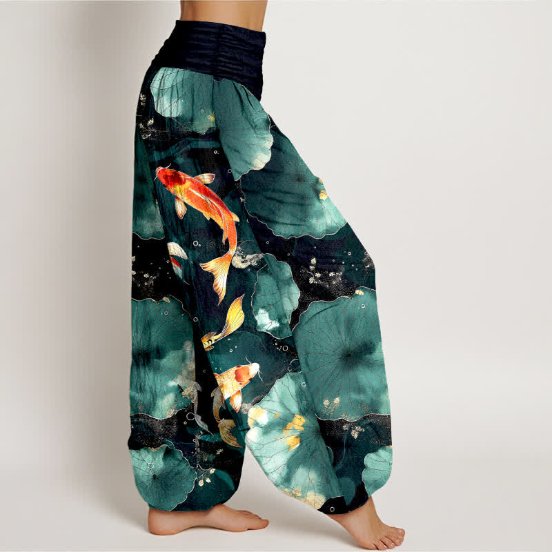 Buddha Stones Dames harembroek met elastische Taille en patroon van katoenen koivissen en lotusbladeren - image 1