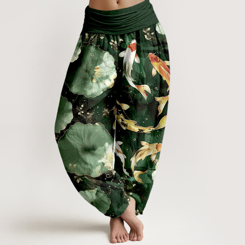 Buddha Stones Dames harembroek met elastische Taille en patroon van katoenen koivissen en lotusbladeren - Donkergroen - US16, UK/AU20, EU48 (3XL) - image 5
