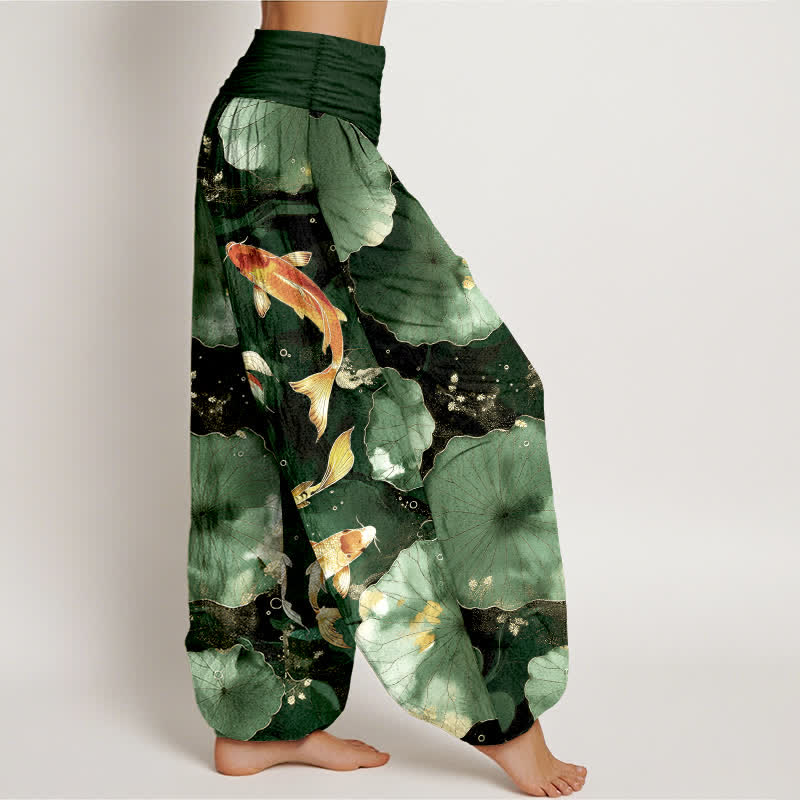 Buddha Stones Dames harembroek met elastische Taille en patroon van katoenen koivissen en lotusbladeren - image 6