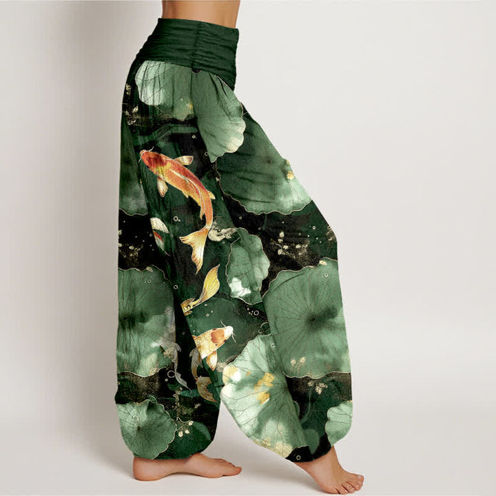 Buddha Stones Dames harembroek met elastische Taille en patroon van katoenen koivissen en lotusbladeren - image 6