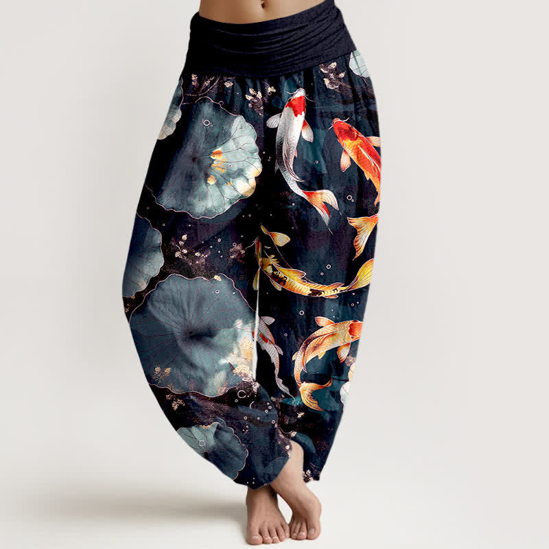 Buddha Stones Dames harembroek met elastische Taille en patroon van katoenen koivissen en lotusbladeren - Zwart - US16, UK/AU20, EU48 (3XL) - image 8