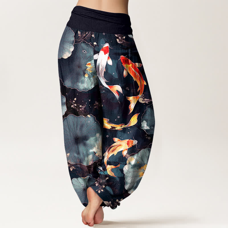 Buddha Stones Dames harembroek met elastische Taille en patroon van katoenen koivissen en lotusbladeren - image 10