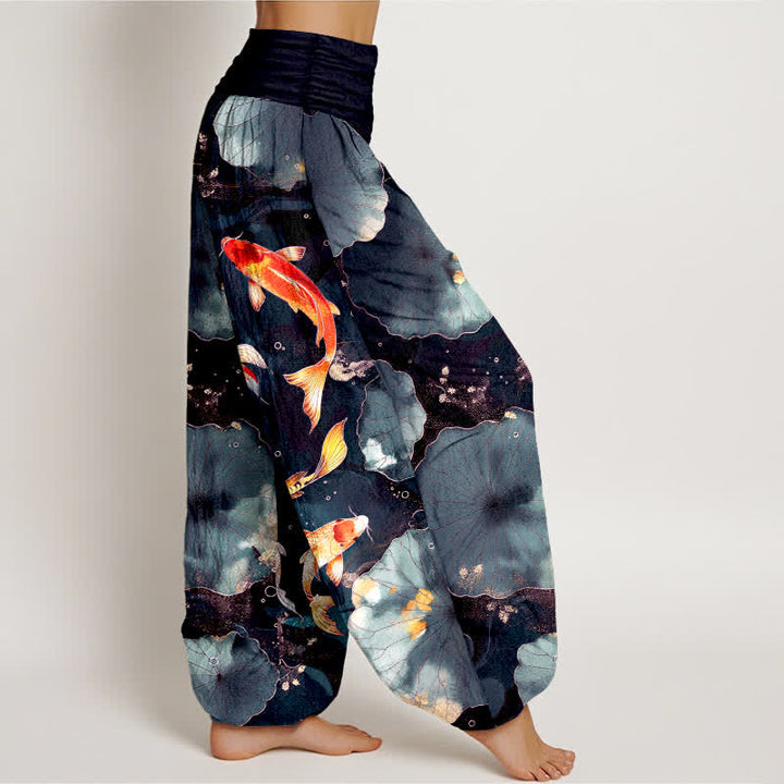 Buddha Stones Dames harembroek met elastische Taille en patroon van katoenen koivissen en lotusbladeren - image 9