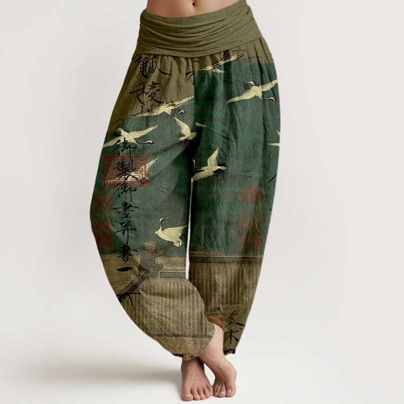 Buddha Stones Dames harembroek met elastische Taille en print van katoenen vliegende kraanvogels en zeehonden - Donker olijfgroen - US16, UK/AU20, EU48 (3XL) - image 0