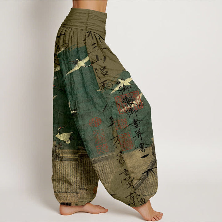 Buddha Stones Dames harembroek met elastische Taille en print van katoenen vliegende kraanvogels en zeehonden - image 1