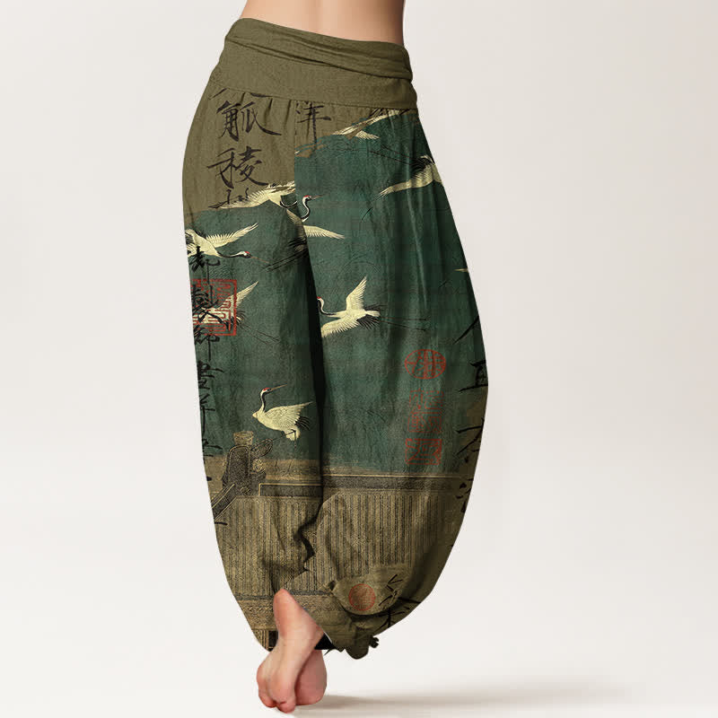 Buddha Stones Dames harembroek met elastische Taille en print van katoenen vliegende kraanvogels en zeehonden - image 2