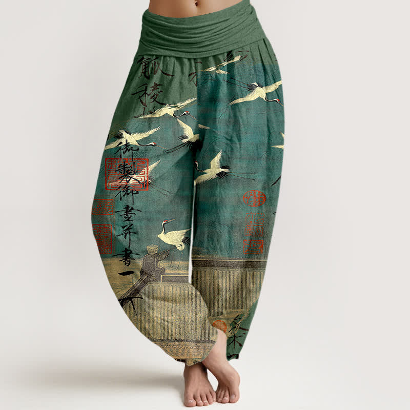 Buddha Stones Dames harembroek met elastische Taille en print van katoenen vliegende kraanvogels en zeehonden - Middelzeegroen - US16, UK/AU20, EU48 (3XL) - image 5