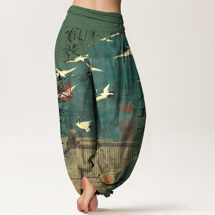 Buddha Stones Dames harembroek met elastische Taille en print van katoenen vliegende kraanvogels en zeehonden - image 7
