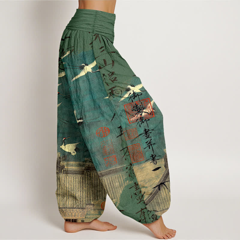 Buddha Stones Dames harembroek met elastische Taille en print van katoenen vliegende kraanvogels en zeehonden - image 6
