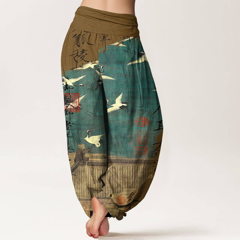 Buddha Stones Dames harembroek met elastische Taille en print van katoenen vliegende kraanvogels en zeehonden - image 10