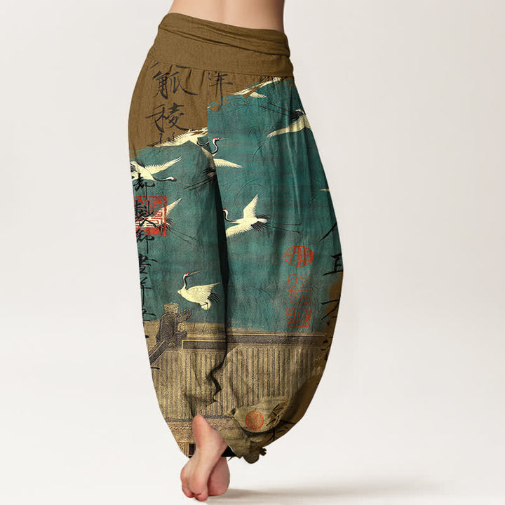 Buddha Stones Dames harembroek met elastische Taille en print van katoenen vliegende kraanvogels en zeehonden - image 10