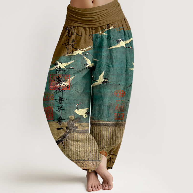 Buddha Stones Dames harembroek met elastische Taille en print van katoenen vliegende kraanvogels en zeehonden - Donkergoudenroede - US16, UK/AU20, EU48 (3XL) - image 8