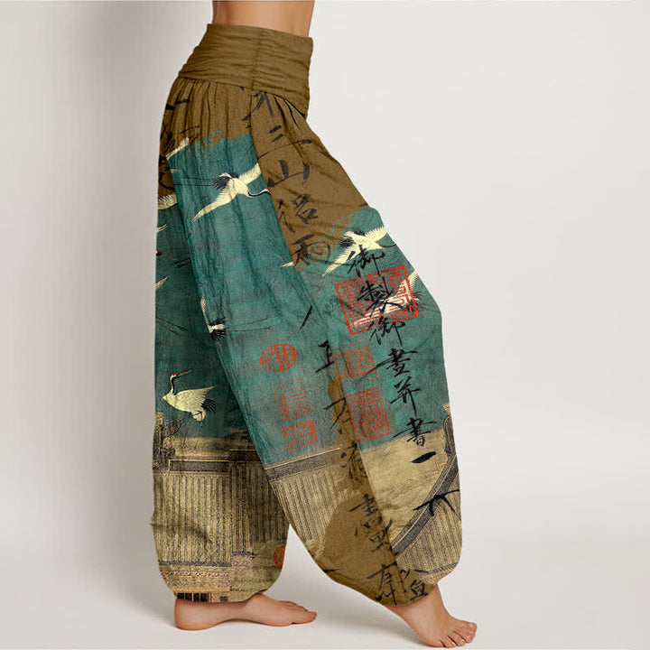 Buddha Stones Dames harembroek met elastische Taille en print van katoenen vliegende kraanvogels en zeehonden - image 9