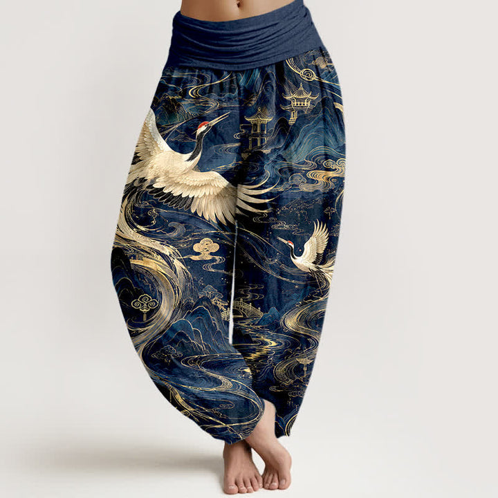 Buddha Stones Dames harembroek met elastische Taille en vliegende kraanvogelpatroon - Marine - US16, UK/AU20, EU48 (3XL) - image 0