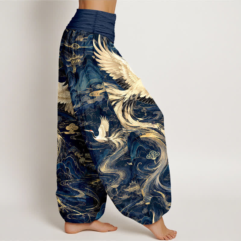 Buddha Stones Dames harembroek met elastische Taille en vliegende kraanvogelpatroon - image 1