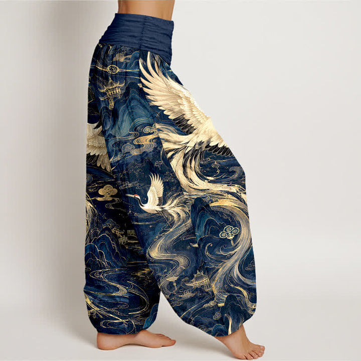 Buddha Stones Dames harembroek met elastische Taille en vliegende kraanvogelpatroon - image 1