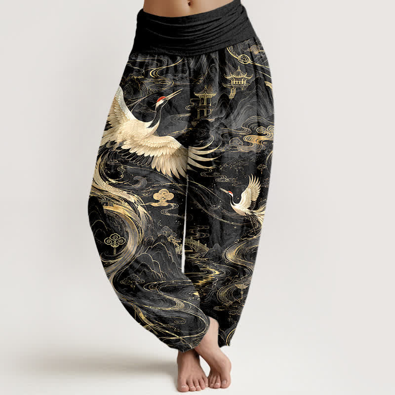 Buddha Stones Dames harembroek met elastische Taille en vliegende kraanvogelpatroon - Zwart - US16, UK/AU20, EU48 (3XL) - image 5