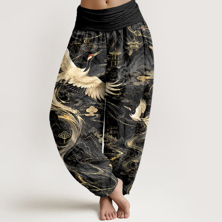 Buddha Stones Dames harembroek met elastische Taille en vliegende kraanvogelpatroon - Zwart - US16, UK/AU20, EU48 (3XL) - image 5